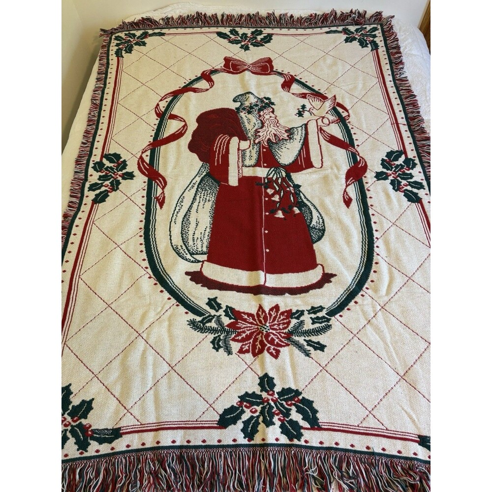 Vtg Heavy Tapestry Throw Blanket Santa Claus Toys Christmas 71" X 48" Reversible